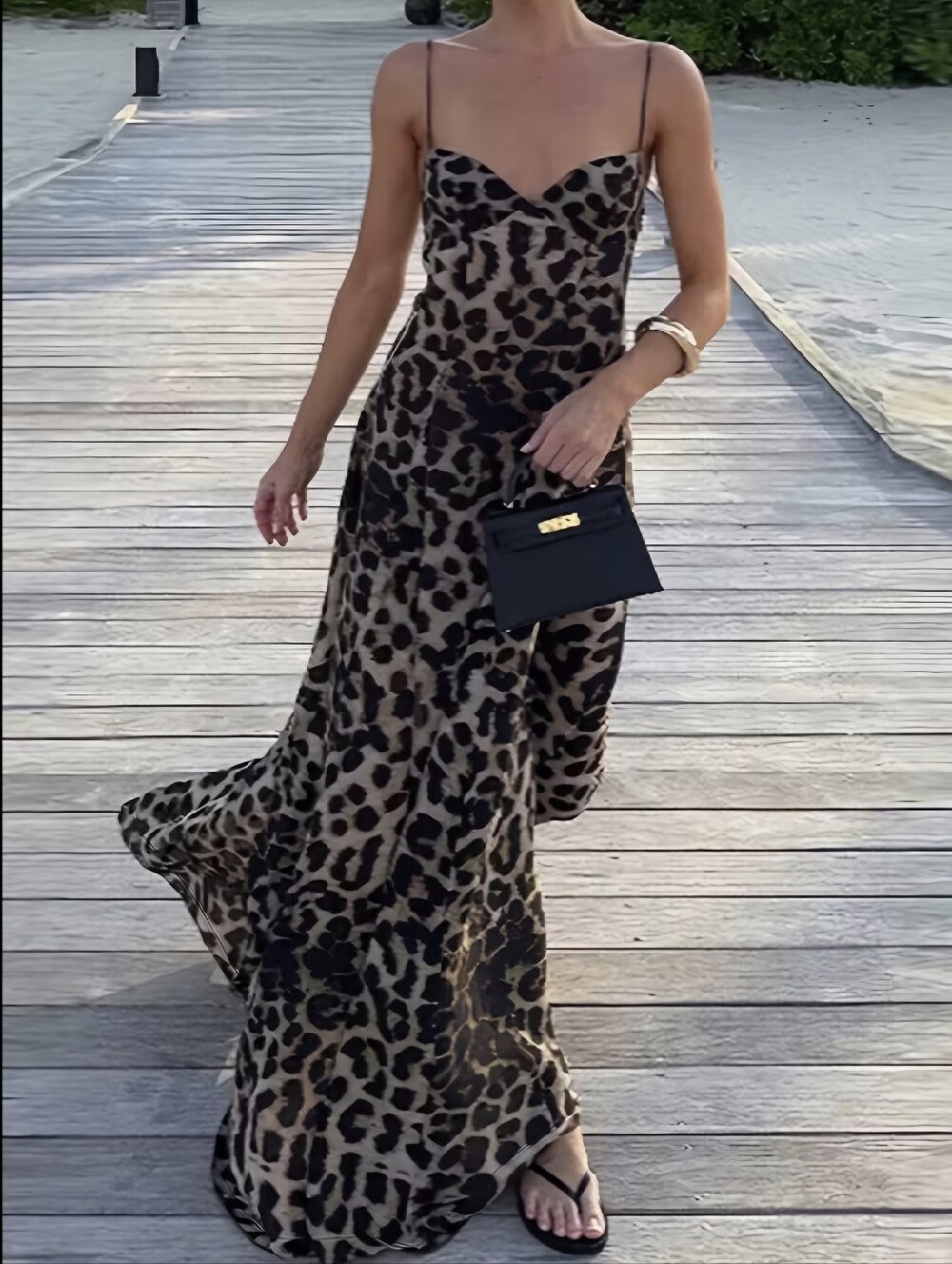 Women's Leopard Print Sleeveless Thin Strap Elegant Sexy Long Dress